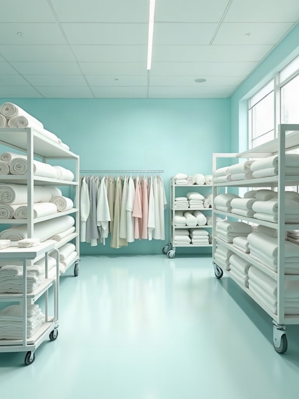 Pale wholesale floor with standing fabric rolls, a notions cart, and folded home textiles