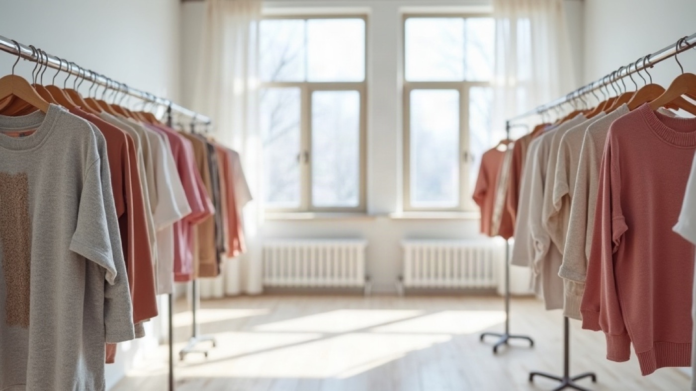 Family clothing retail floor with adult and children’s garments on pale rails under large windows