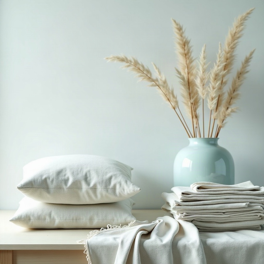 Linen cushions, a folded throw, and table linens on a pale wood surface