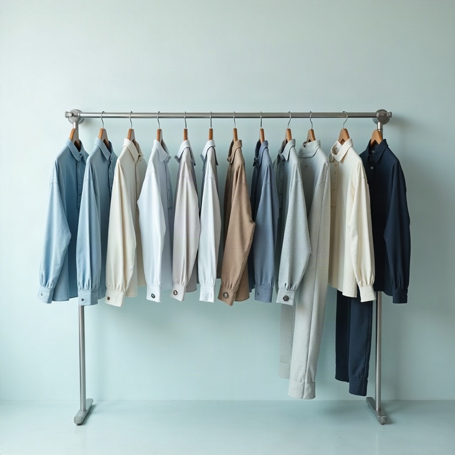 Men’s and boys’ shirts, trousers, and knits hanging on a pale rail against an ice-white wall
