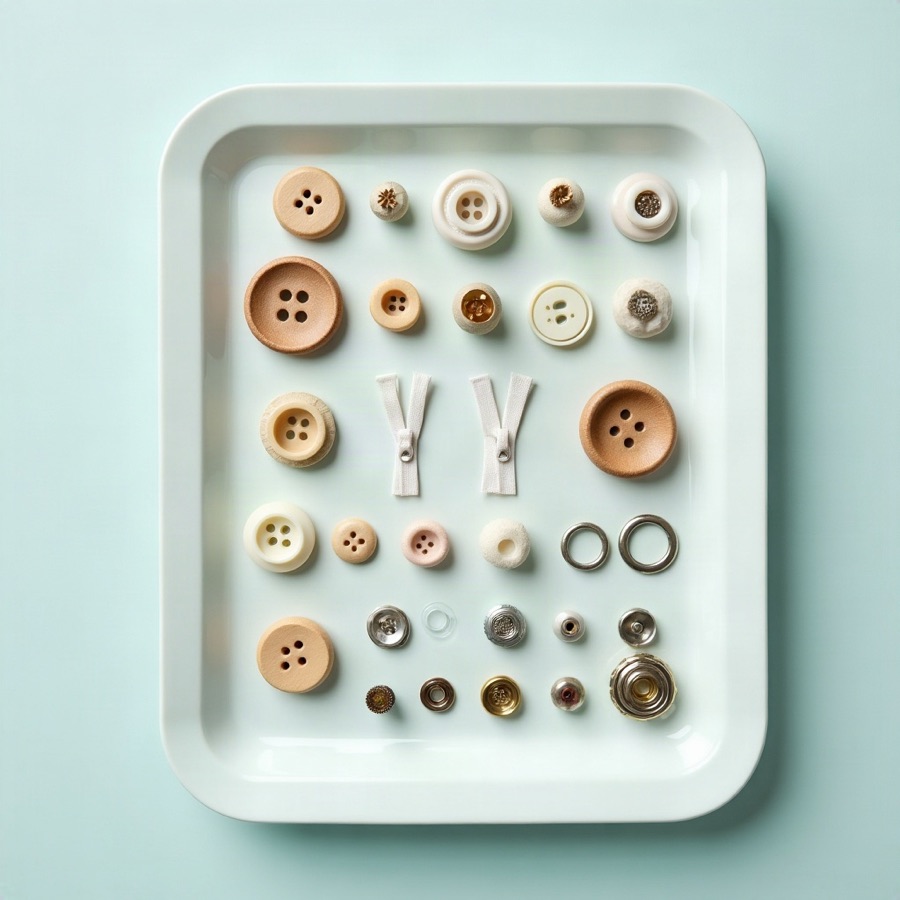 Sewing notions arranged on a white tray: buttons, zippers, thread spools, and tape